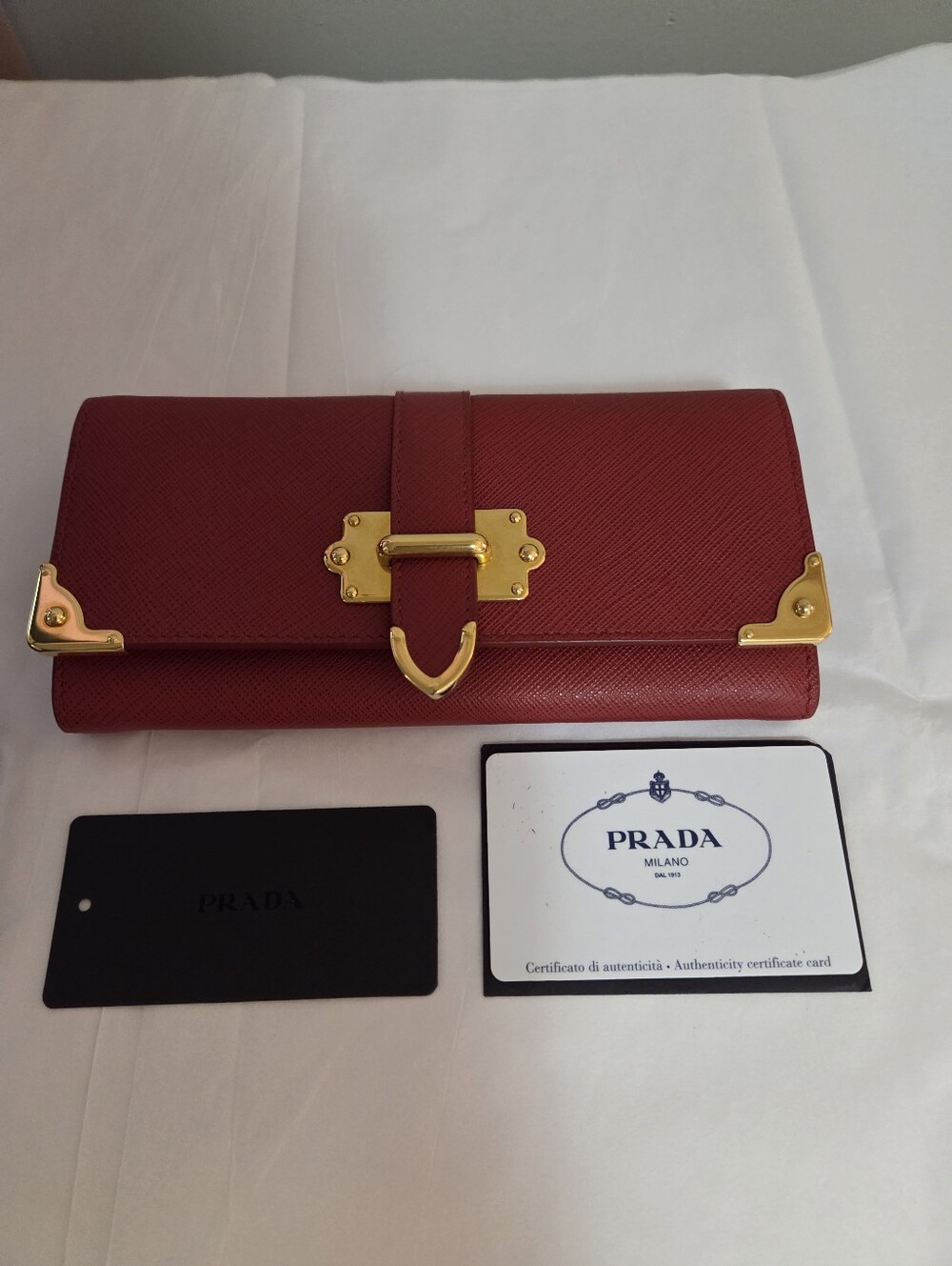 Prada Red Saffiano Leather Wallet with Gold Hardware